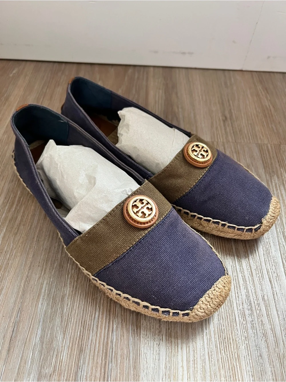 Tory Burch Canvas Espadrille Flats Navy Blue Logo Slip On Shoes Women’s 10